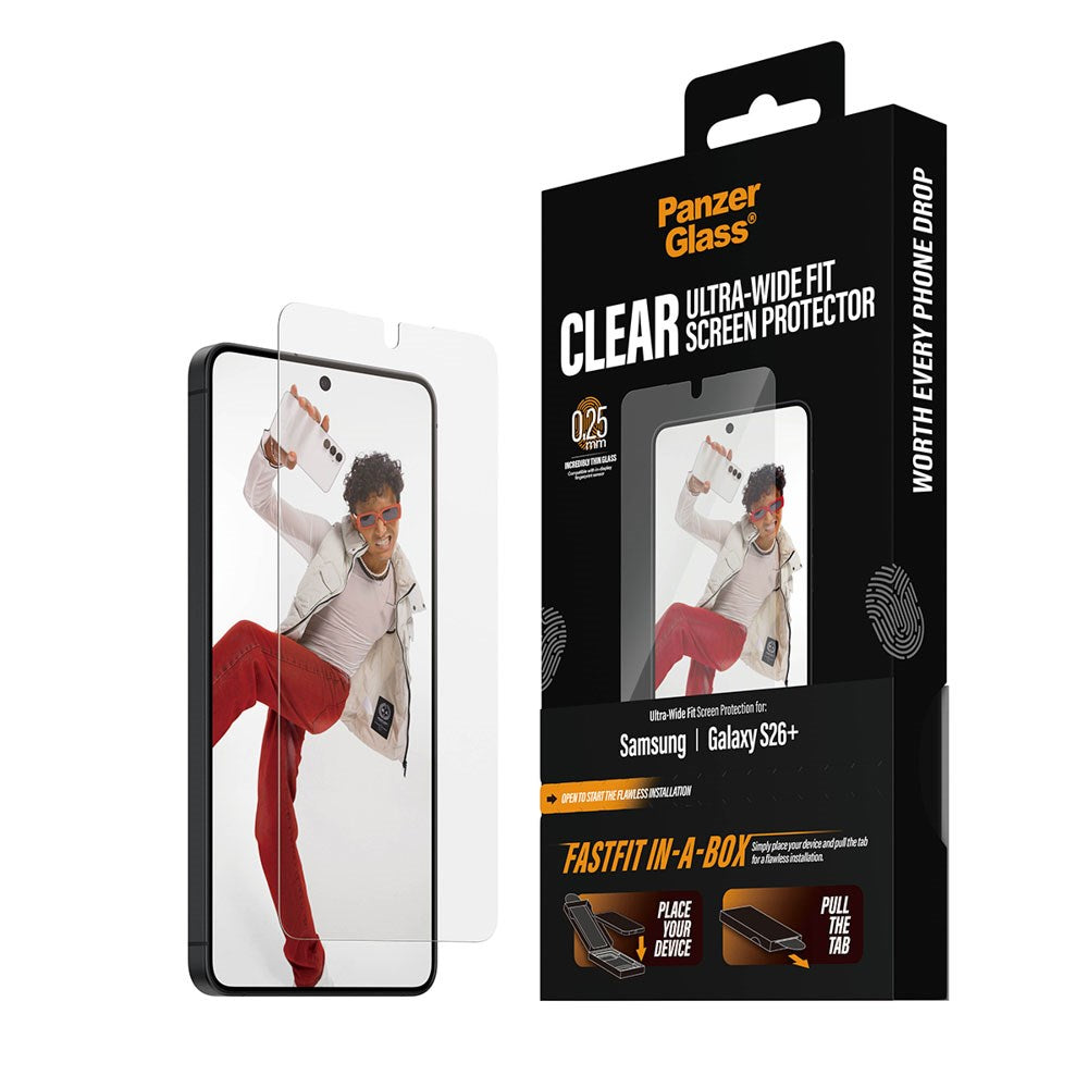 Samsung Galaxy S26+ (Plus) PanzerGlass Skärmskyddsglas m. FastFit In-A-Box - Ultra Wide Fit - Genomskinlig