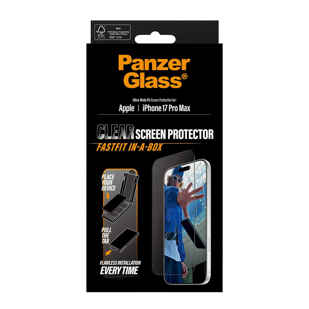PanzerGlass iPhone 17 Pro Max Skärmskyddsglas med FastFit In-A-Box - Ultra Wide Fit - Genomskinlig