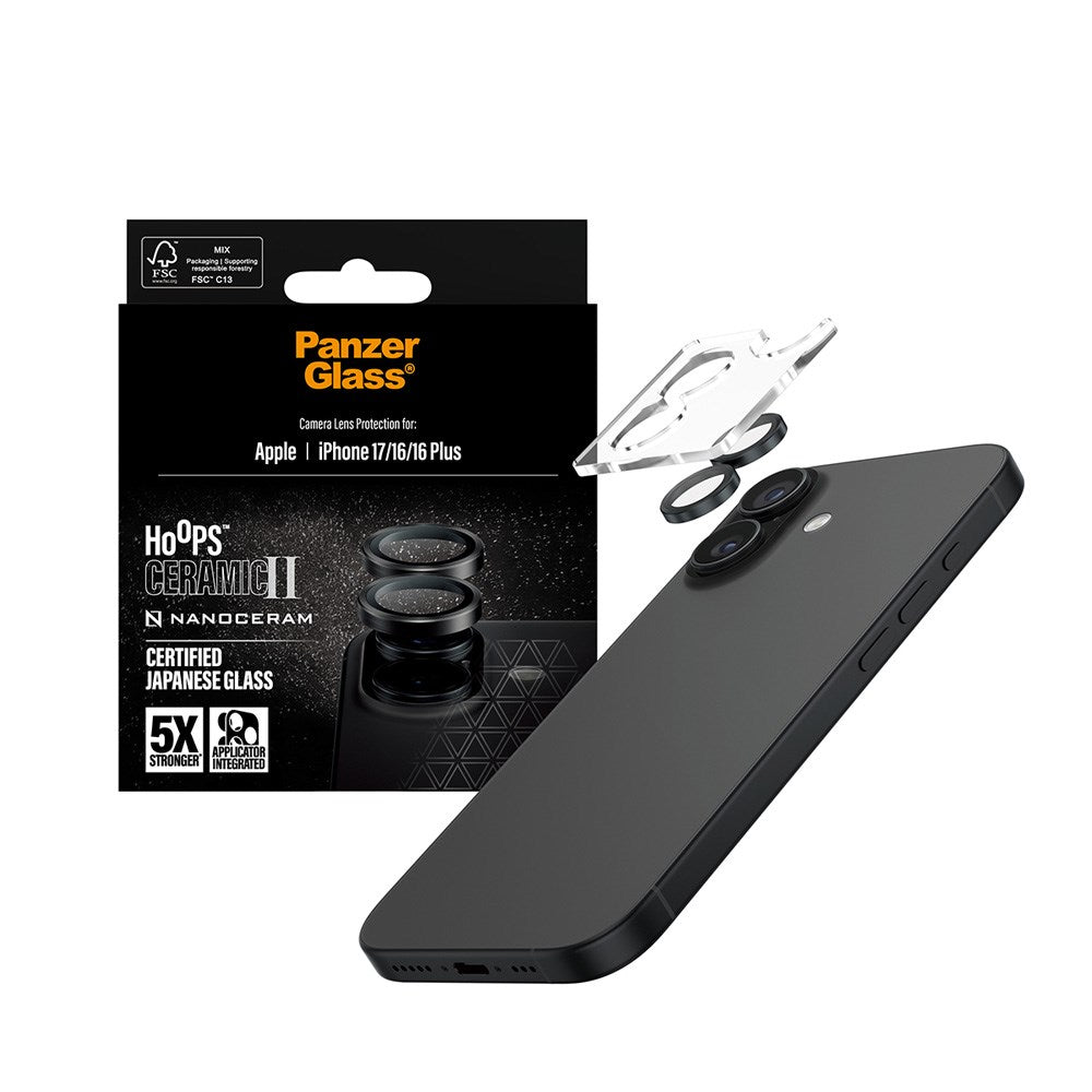 PanzerGlass iPhone 17 / 16 / 16 Plus Ceramic Hoops Kameralinsskydd med Installationsram - Svart