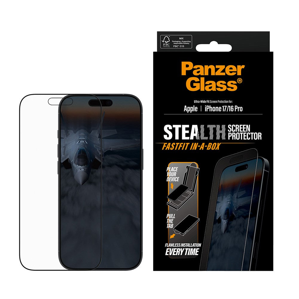 PanzerGlass iPhone 17 / 16 Pro Stealth Skärmskydd - Ultra-Wide Fit - Genomskinlig / Svart Kant