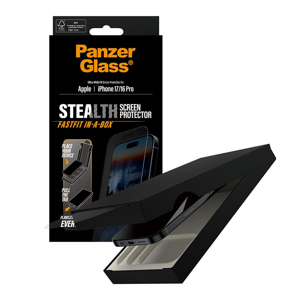 PanzerGlass iPhone 17 / 16 Pro Stealth Skärmskydd - Ultra-Wide Fit - Genomskinlig / Svart Kant
