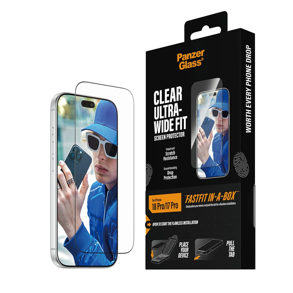 iPhone 18 Pro / 17 Pro PanzerGlass Skärmskyddsglas m. FastFit In-A-Box - Ultra Wide Fit - Genomskinlig