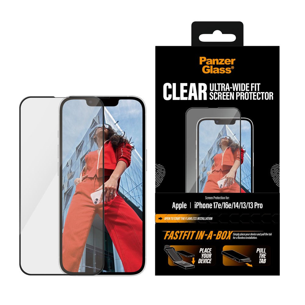 iPhone 17e / 16e / 14 / 13 / 13 Pro PanzerGlass Skärmskyddsglas m. FastFit In-A-Box - Ultra Wide Fit - Genomskinlig