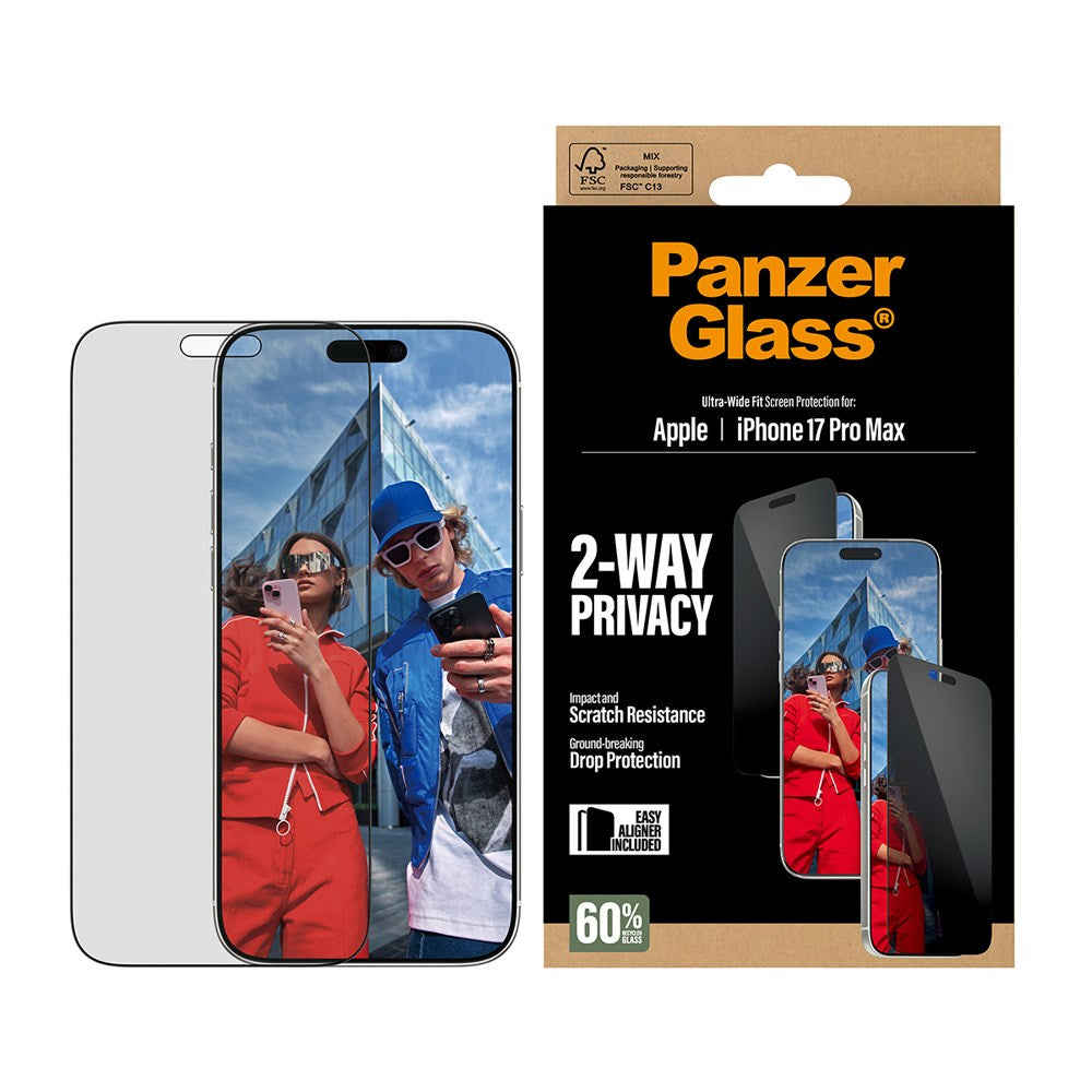 PanzerGlass iPhone 17 Pro Max 2-Way Privacy Skärmskydd - Ultra-Wide Fit - Genomskinlig