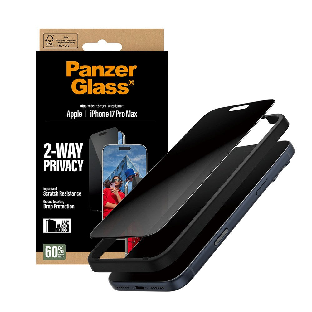 PanzerGlass iPhone 17 Pro Max 2-Way Privacy Skärmskydd - Ultra-Wide Fit - Genomskinlig