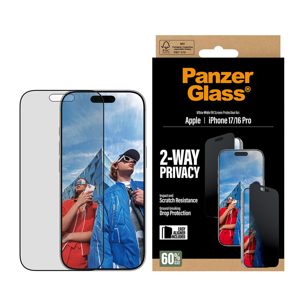 PanzerGlass iPhone 17 / 16 Pro 2-Way Privacy Skärmskydd - Ultra-Wide Fit - Genomskinlig