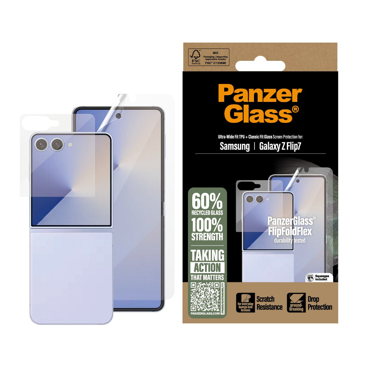 Samsung Galaxy Z Flip7 PanzerGlass FlipFoldFlex Ultra Wide Fit Film & Classic Fit Glas - Genomskinlig