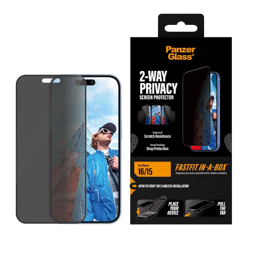 iPhone 16 / 15 PanzerGlass 2-Way Privacy Skärmskydd med FastFit In-A-Box - Genomskinlig