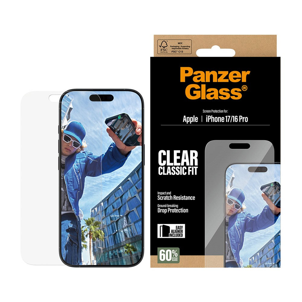 PanzerGlass iPhone 17 / 16 Pro Skärmskyddsglas med EasyAligner - Classic Fit - Genomskinlig