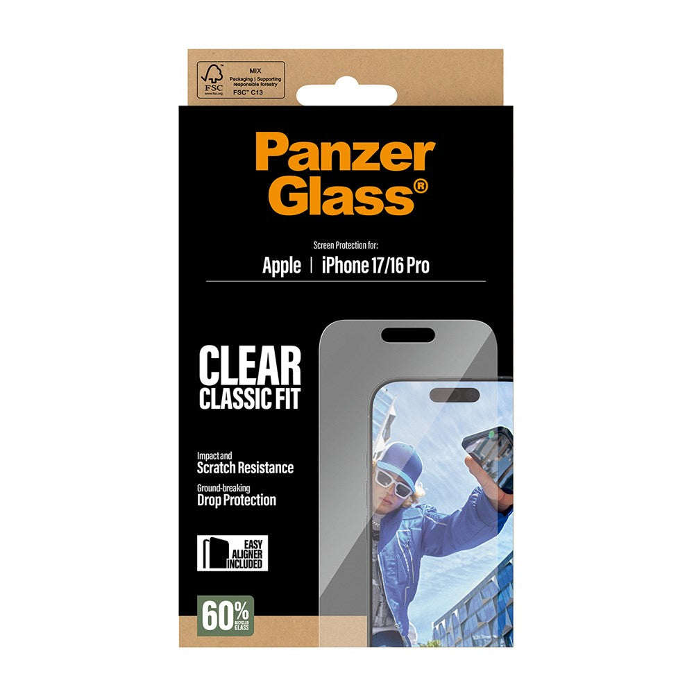 PanzerGlass iPhone 17 / 16 Pro Skärmskyddsglas med EasyAligner - Classic Fit - Genomskinlig