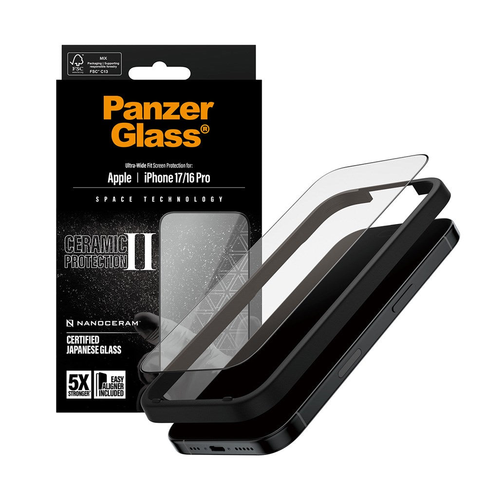 PanzerGlass iPhone 17 / 16 Pro Ceramic Skärmskydd med EasyAligner - Ultra Wide Fit - Genomskinlig