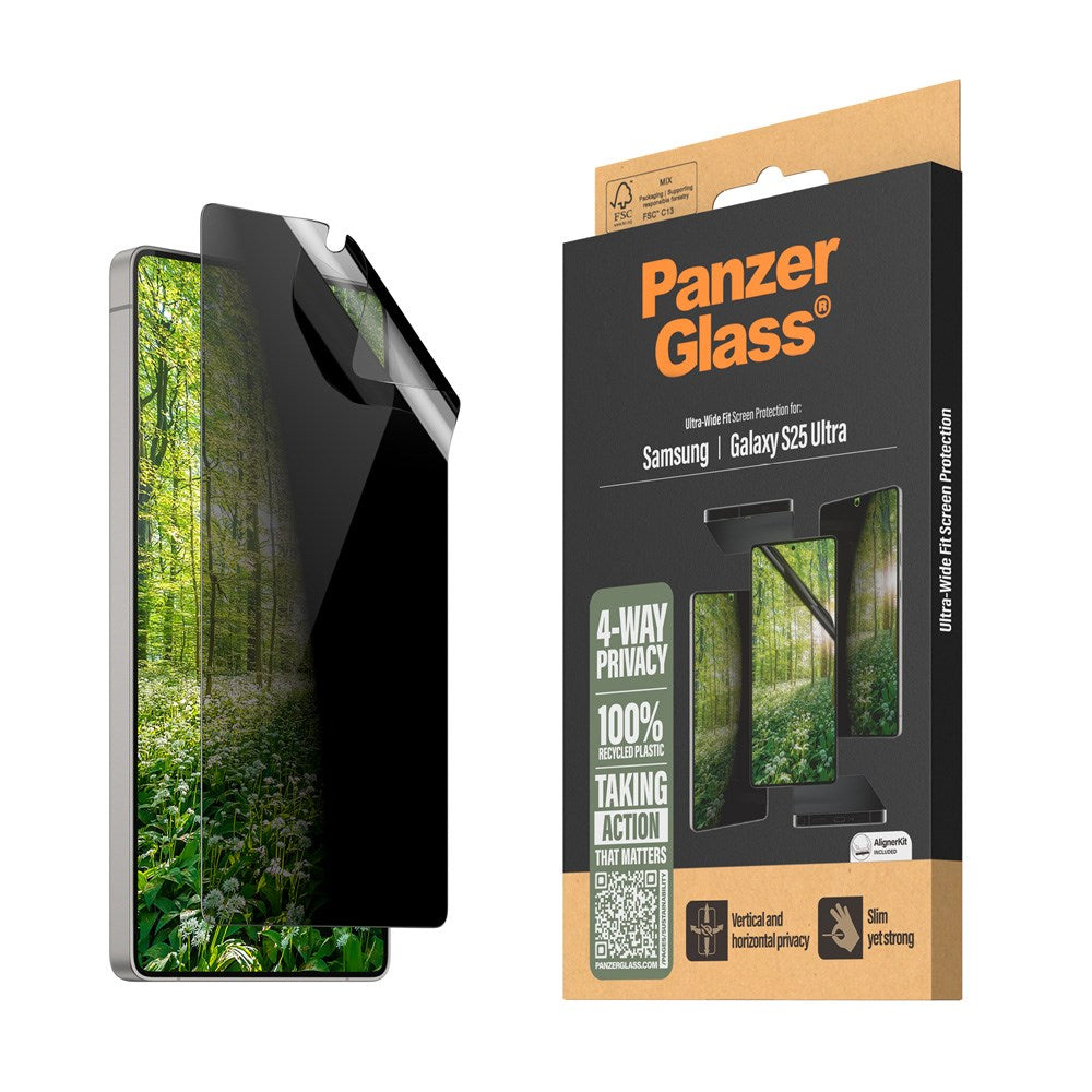 Samsung Galaxy S25 Ultra PanzerGlass Eco Matrix 4-Way Privacy Skärmskydd Ultra Wide Fit - Aligner Kit - Platinum Strength - Genomskinlig