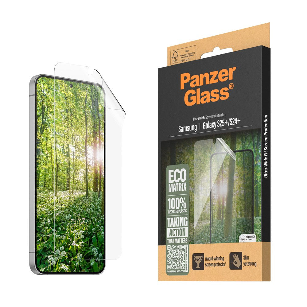Samsung Galaxy S25+ (Plus) PanzerGlass Eco Matrix Skärmskydd Ultra Wide Fit - Aligner Kit - Platinum Strength - Genomskinlig