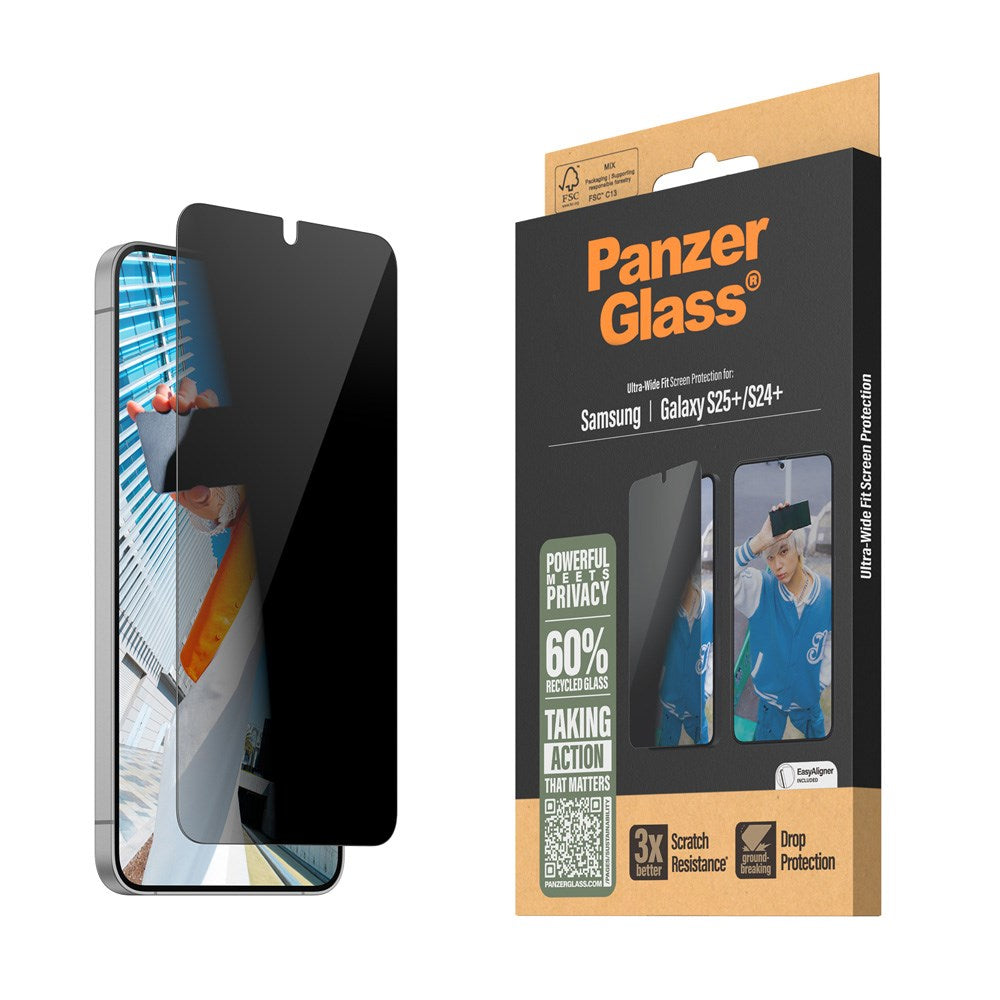 PanzerGlass Samsung Galaxy S25+ (Plus) - Ultra-Wide Fit Skärmskyddsglas - Privacy Funktion - Genomskinlig