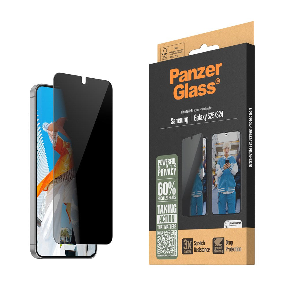 PanzerGlass Samsung Galaxy S25 - Ultra-Wide Fit Skärmskyddsglas - Privacy Funktion - Genomskinlig