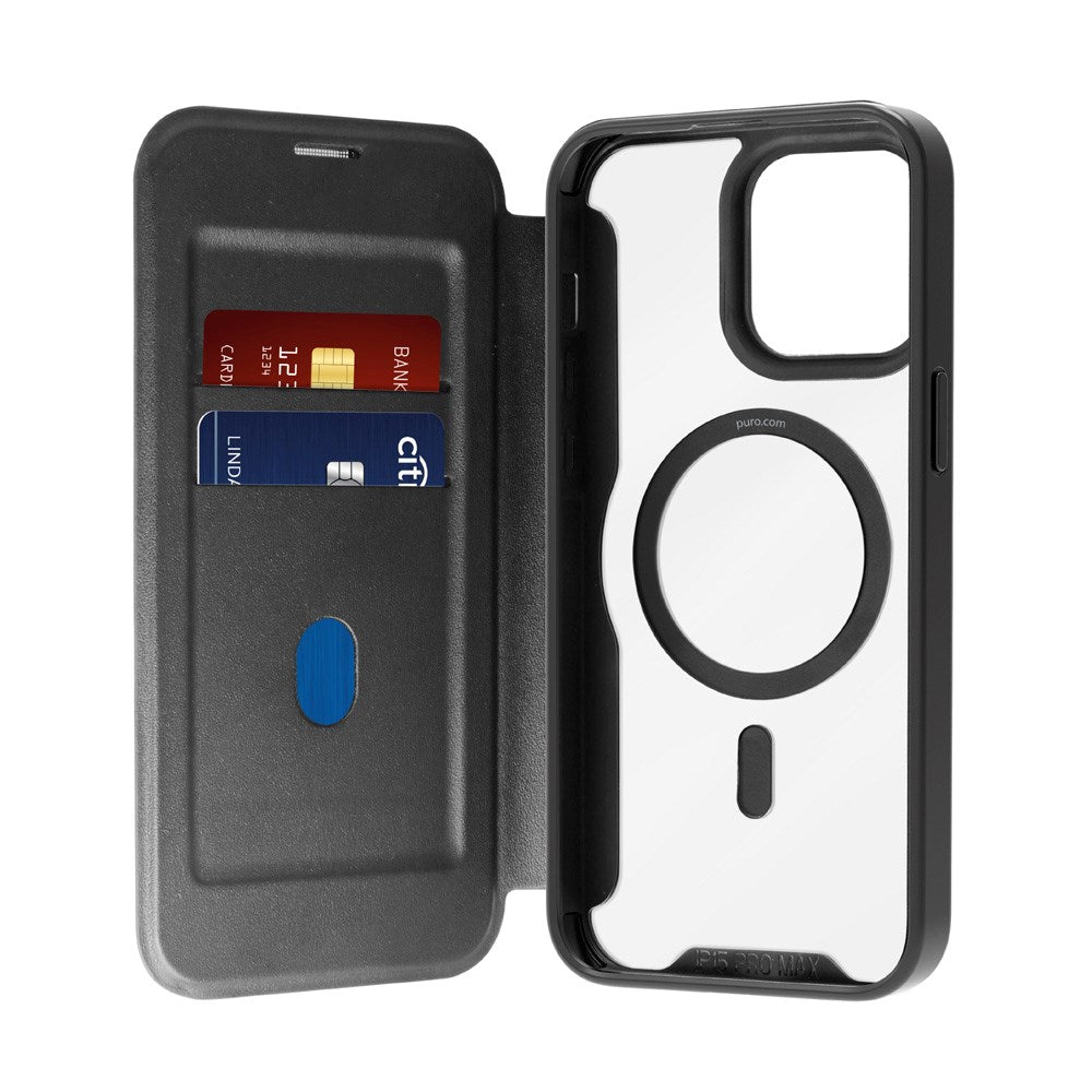 Puro Booklet Case Magsafe för iPhone 15 Pro - Horisontell Flip + 2 Kortfack - Svart