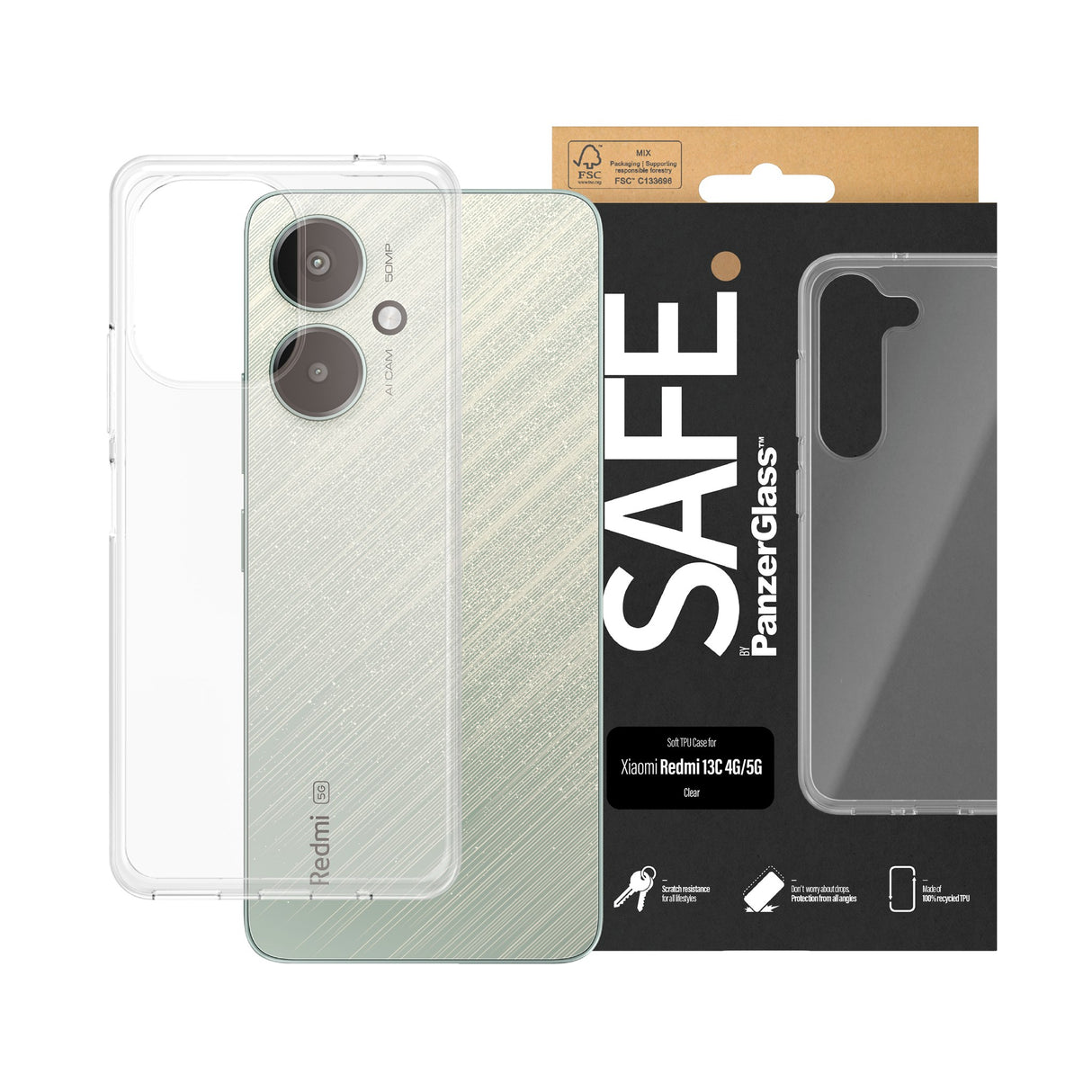 Xiaomi Redmi 13C (4G / 5G) Safe By PanzerGlass® Fleksibelt Plast Skal - Genomskinlig
