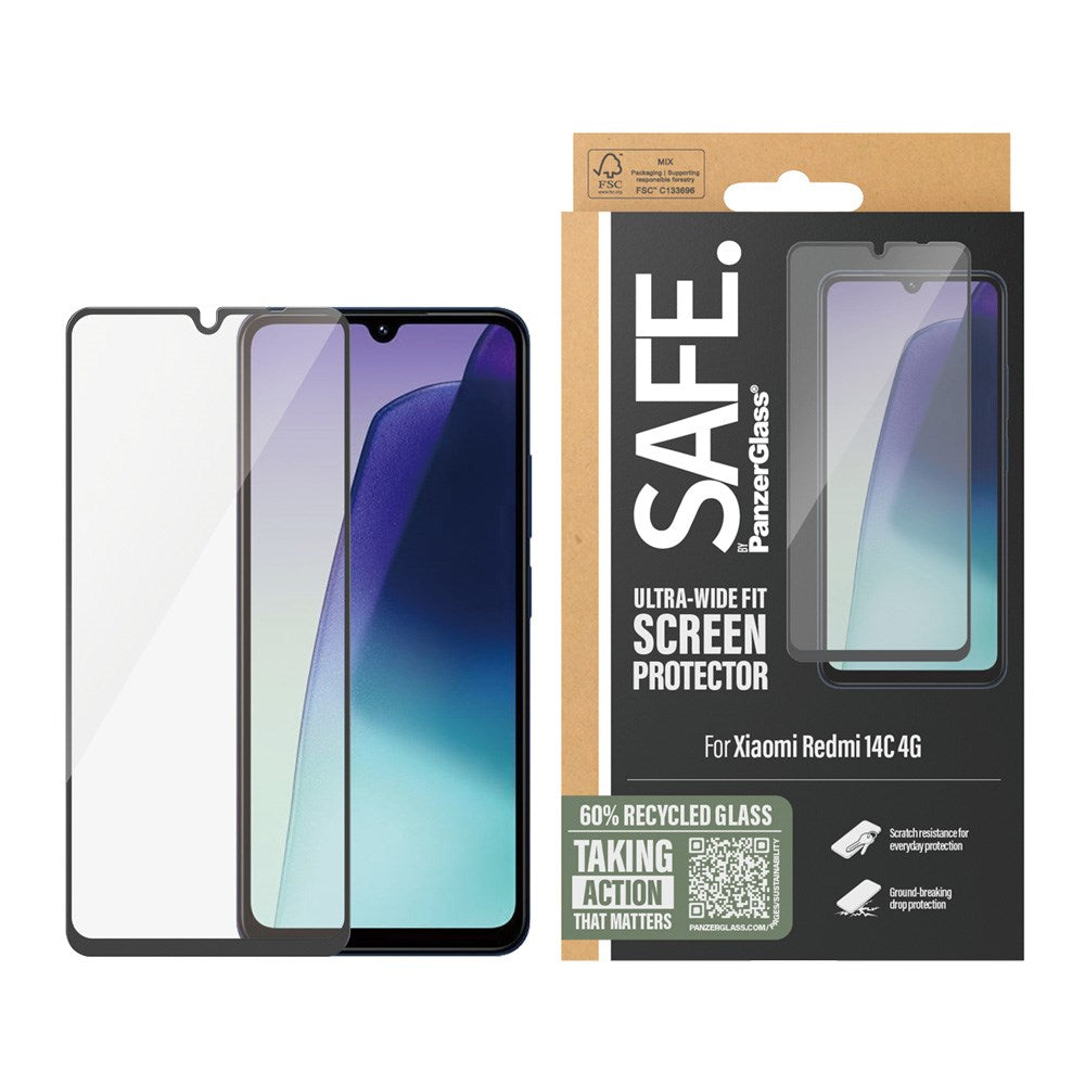 Xiaomi Redmi 14C Safe By PanzerGlass® Ultra-Wide Fit Skärmskydd - Case Friendly - Gold Strength - Genomskinlig / Svart Kant