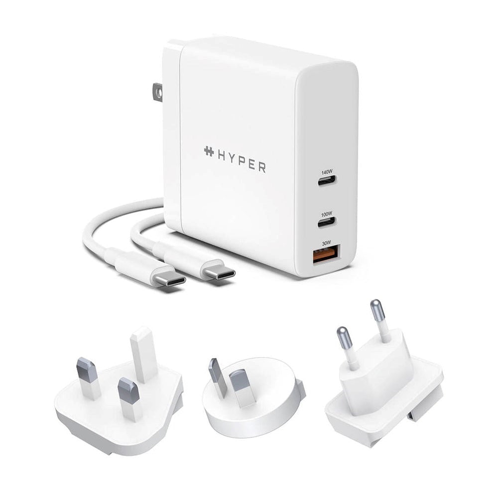 Hyper 140W GaN Väggladdare med 2 x USB-C, 1 x USB-A och Reseadaptrar - Vit