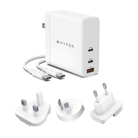 Hyper 140W GaN Väggladdare med 2 x USB-C, 1 x USB-A och Reseadaptrar - Vit