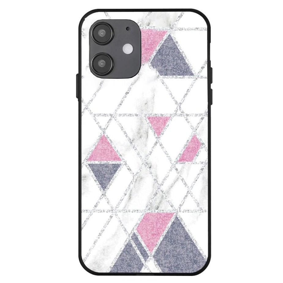 iPhone 12 Mini Skal - Geometriskt Mönster - Rosa / Grå / Vit Marmor