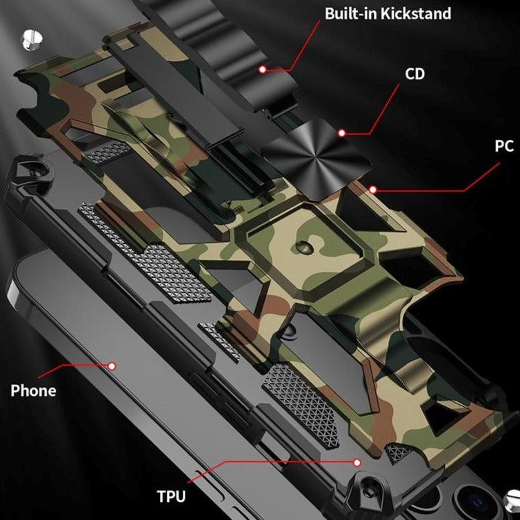 iPhone 13 Kamouflage Tåligt Skal med Stativfunktion - Armégrön