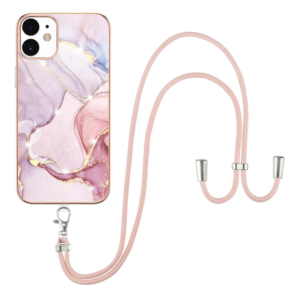 iPhone 12 / 12 Pro Skal Hybridplast med Justerbar rem - Rosa Marmor