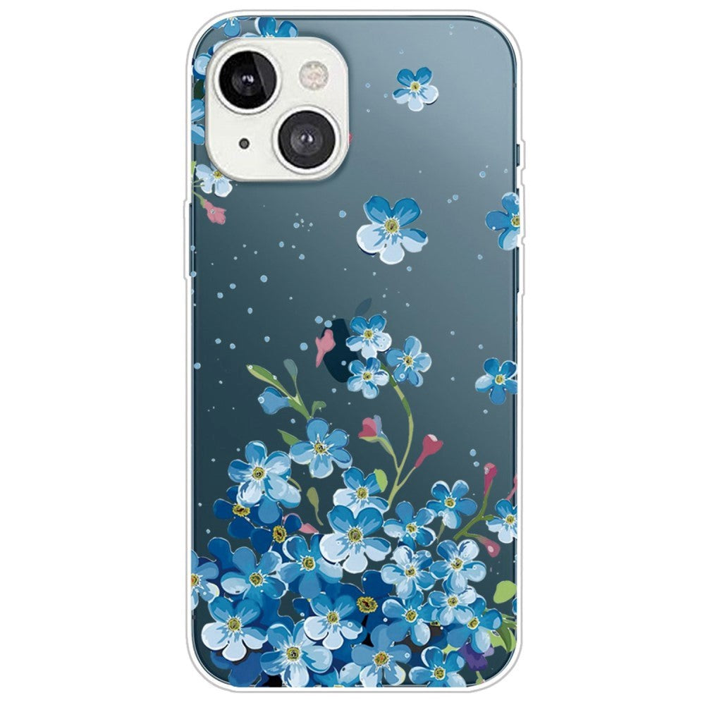 iPhone 14 Skal TPU - Transparent / Blå Blommor