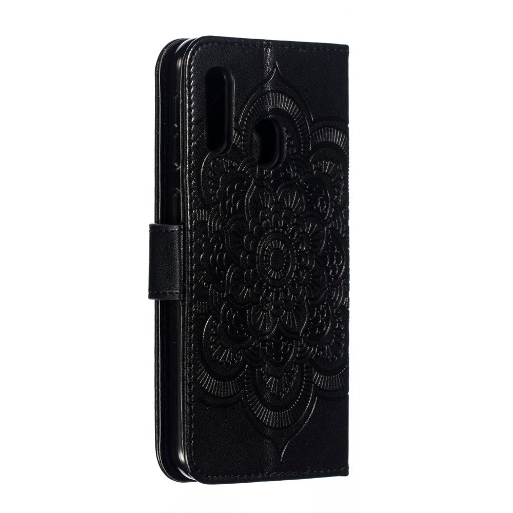 Samsung Galaxy A20e Leather Wallet Case Mandala mönster Svart