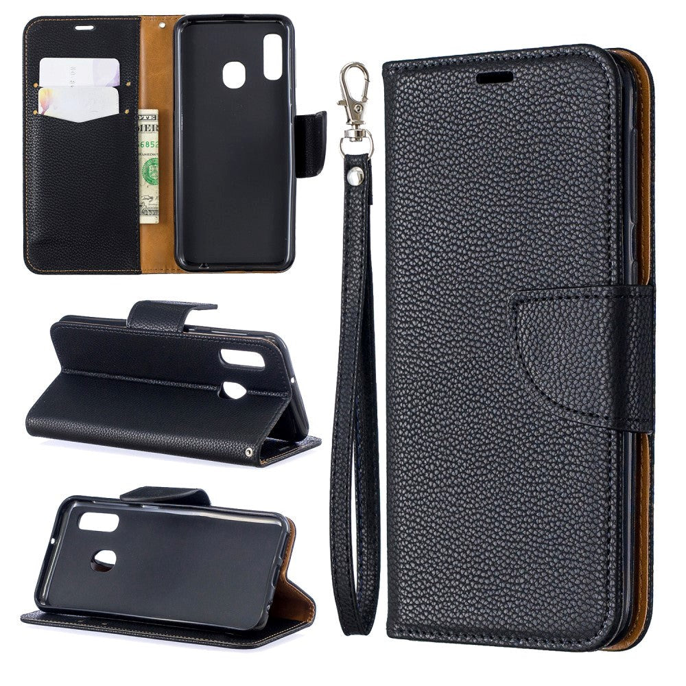 Samsung Galaxy A20e Leather Wallet Case & Strap - Svart