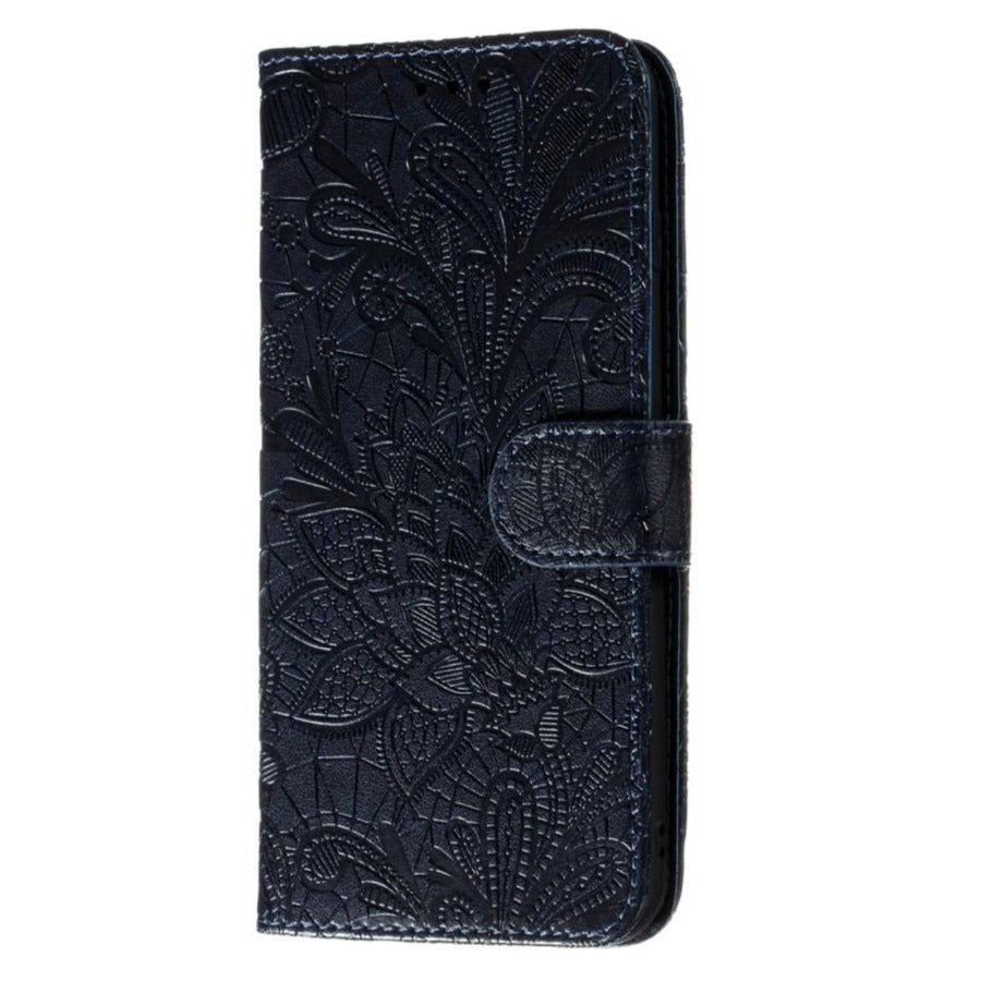 Samsung Galaxy M11 Floral Lace Leather Flip Case - Svart