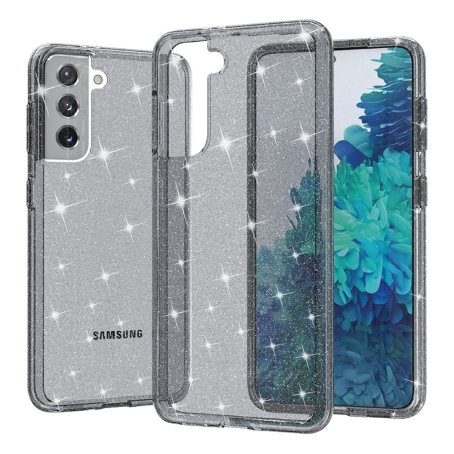 Samsung Galaxy S21 Skal Hybridplast - Glitter - Transparent / Svart