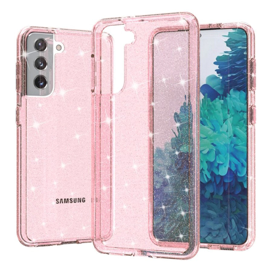 Samsung Galaxy S21 Skal Hybridplast - Glitter - Transparent / Rosa