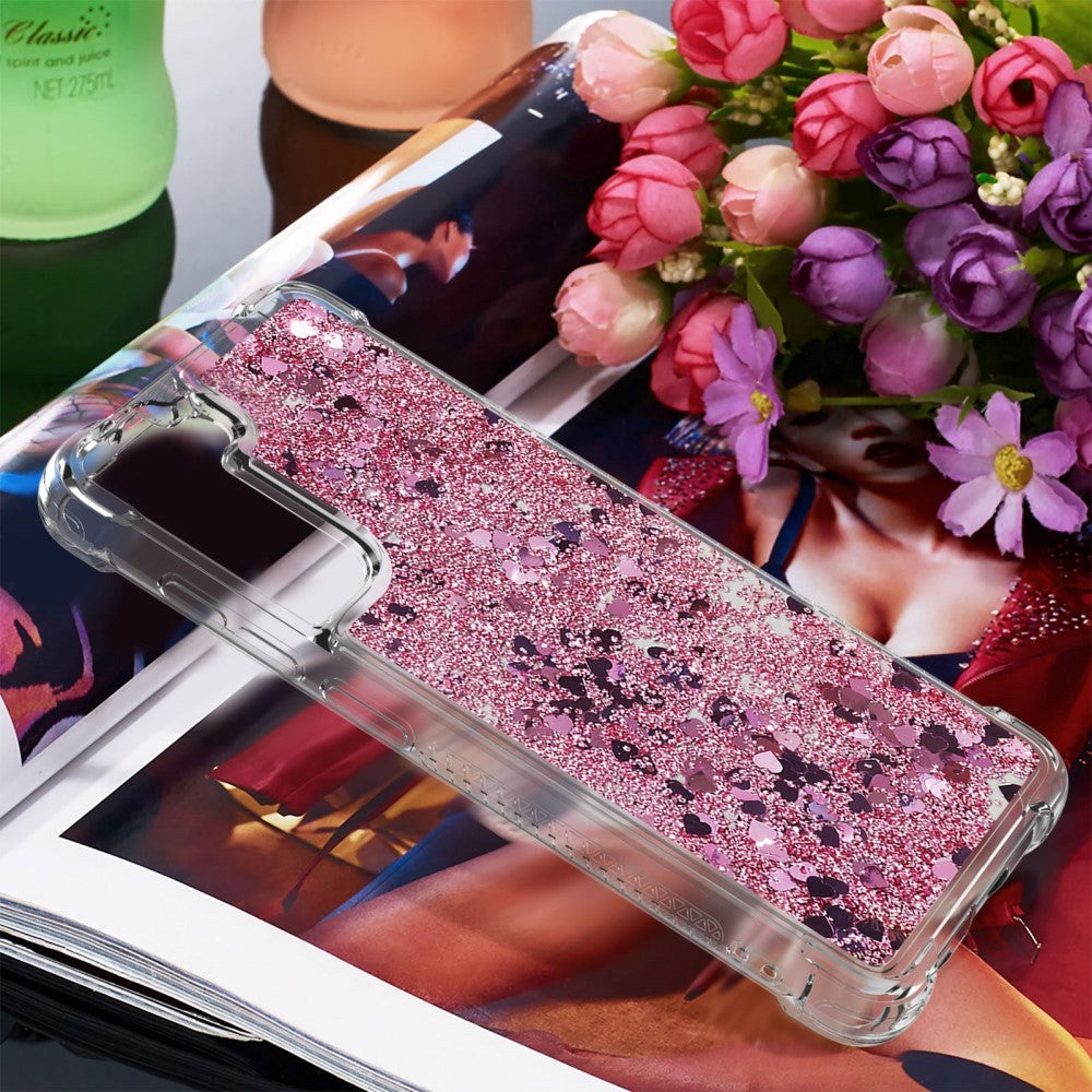 Samsung Galaxy S21 FE (5G) Skal Plast - Glitter - Transparent / Rosa Hjärtan