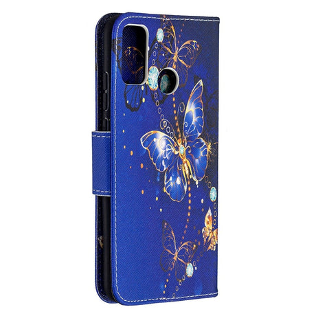 Huawei Honor 9x Lite Leather Wallet Case - Gold & Blue Fjärilar