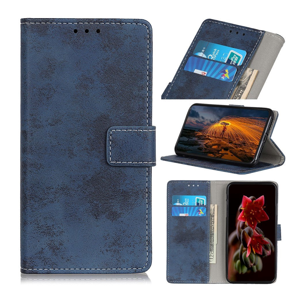 Motorola Moto E6 Plus Vintage Leather Wallet Case Dark Blue