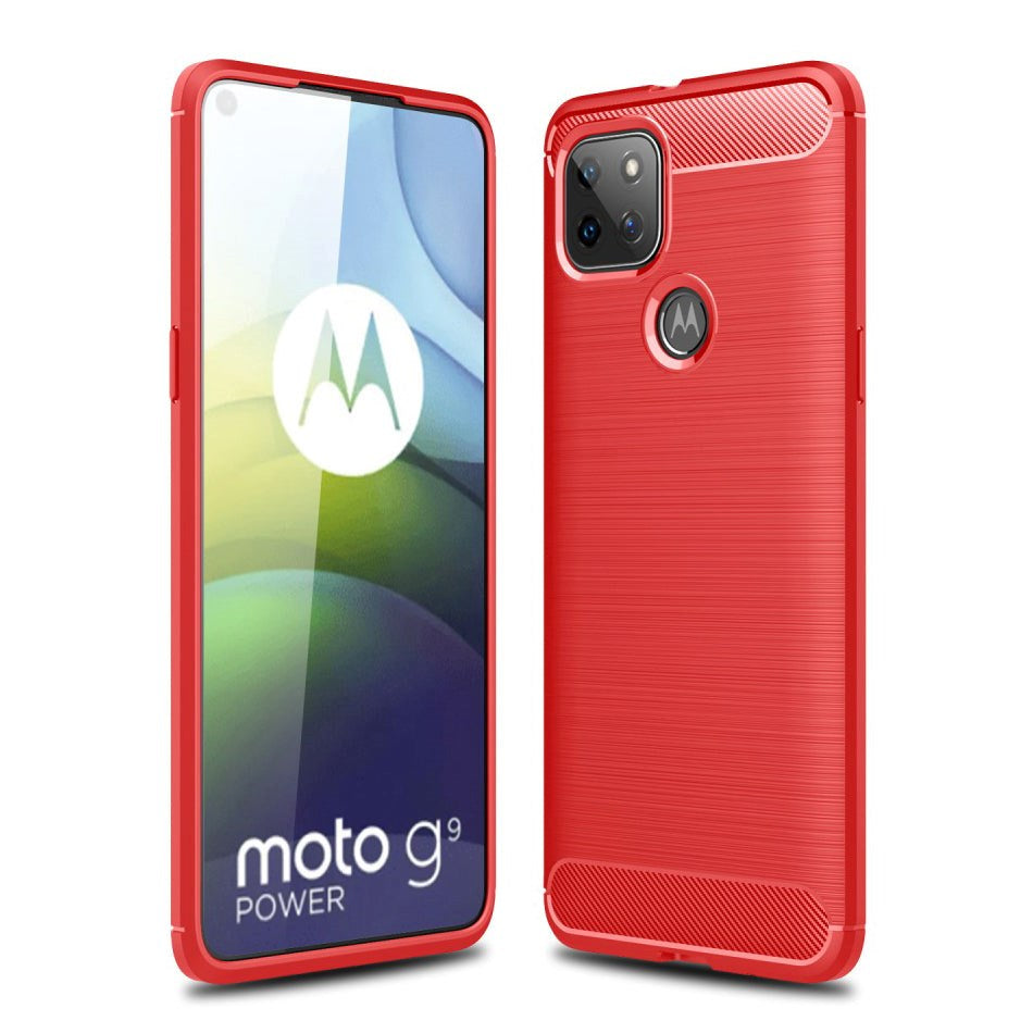 Motorola Moto G9 Power Brushed Carbon Fiber Flexible Plastic Case - Röd