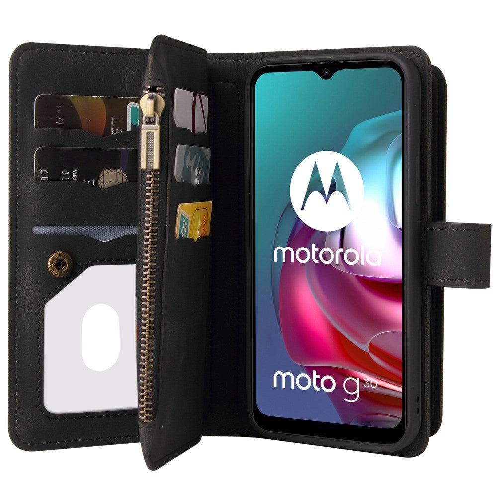 MOTOROLA MOTO G10 / G20 / G30 läderflip Fodral m. Rem, plånbok och 15 korthållare - Svart