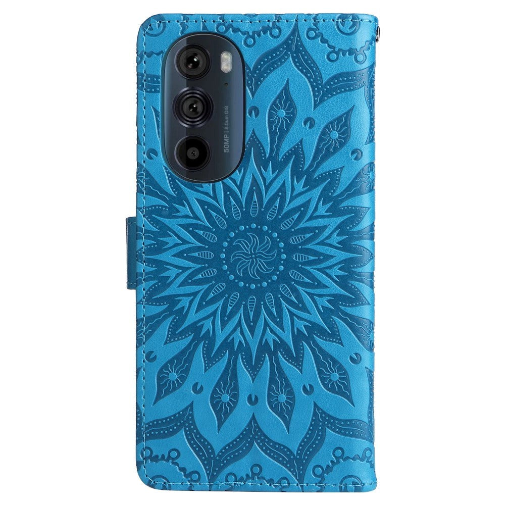 Motorola Edge 30 Pro Läderfodral med Plånbok och Rem - Mandala Print - Blå