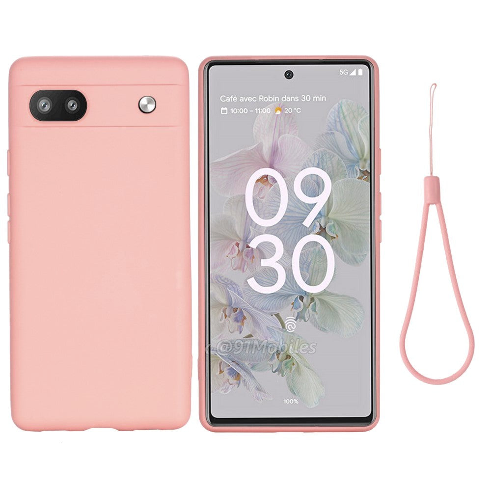 Google Pixel 6a Flytande Silikon Skal med Rem - Rosa