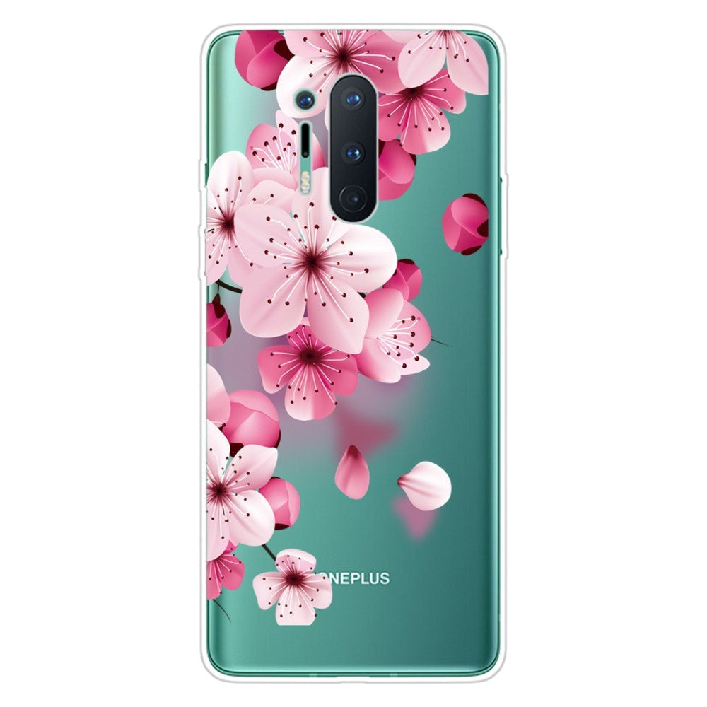 OnePlus 8 Pro Flexibelt Plast Skal med Tryck - Transparent / Rosa Blommor