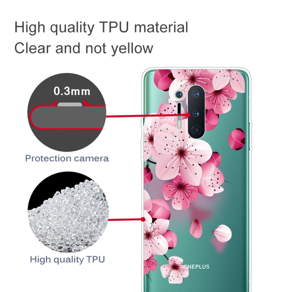 OnePlus 8 Pro Flexibelt Plast Skal med Tryck - Transparent / Rosa Blommor