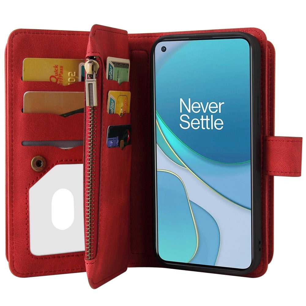 OnePlus 9 Leather Flip Case m. Rem, plånbok och 15 korthållare - röda