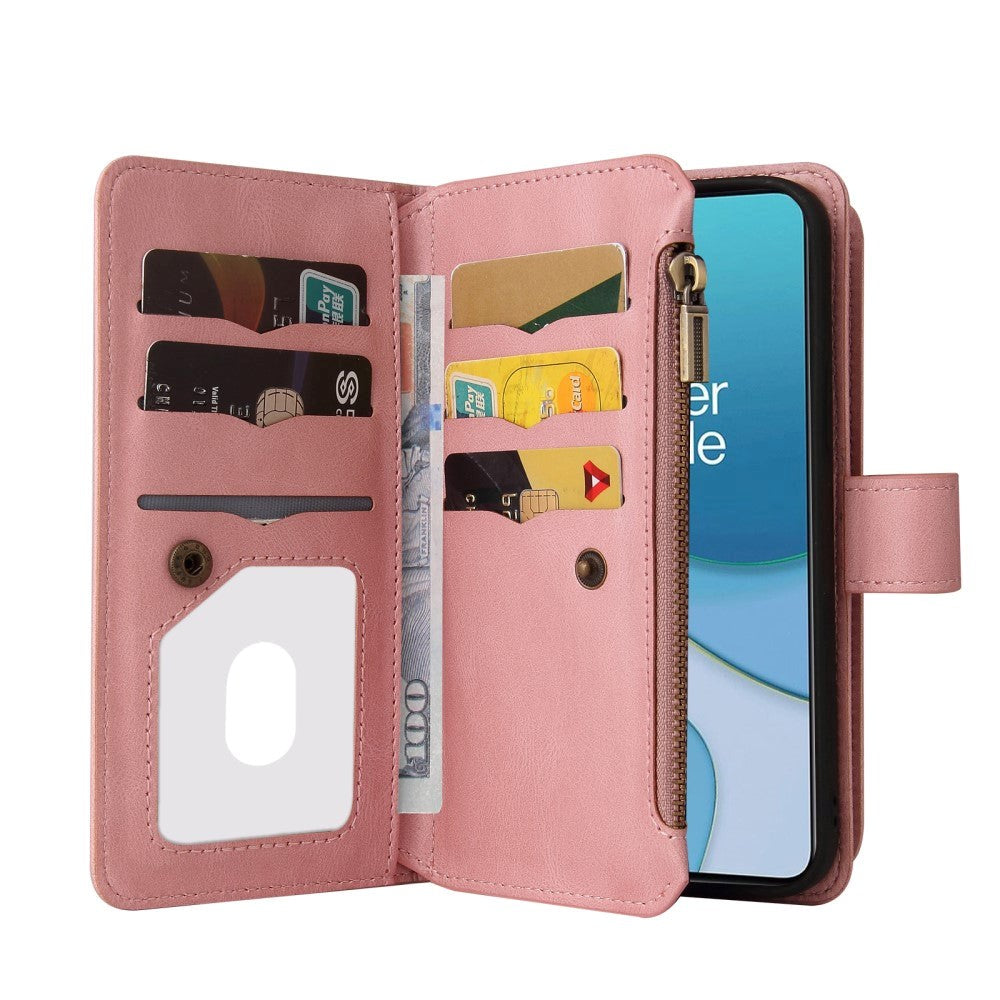 OnePlus 9 Leather Flip Case m. Rem, plånbok och 15 korthållare - rosa