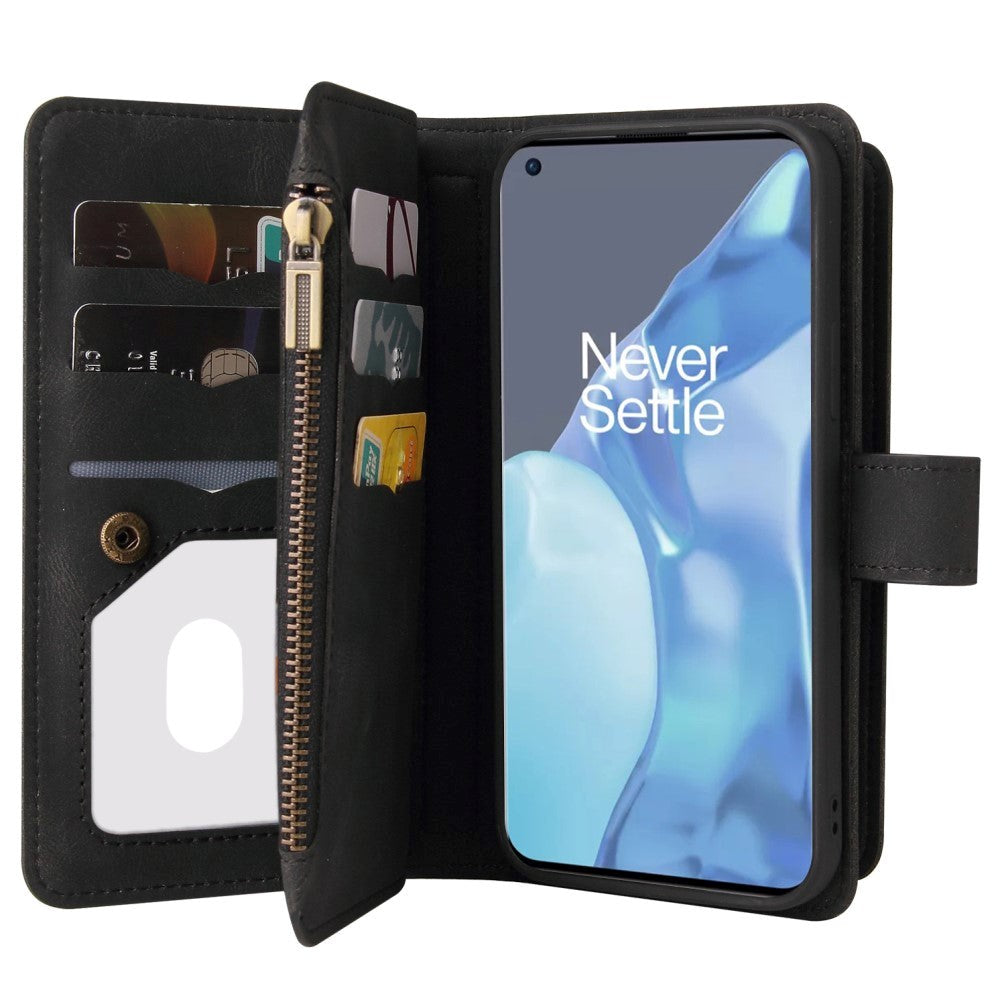 OnePlus 9 Pro Leather Flip Case m. Rem, plånbok och 15 korthållare - Svart