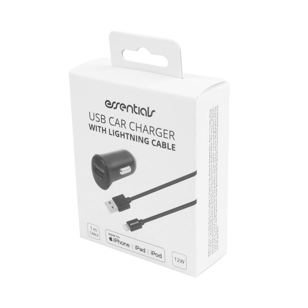 Essentials 12W Billaddare m. USB-A till Lightning Kabel - 1m - Svart