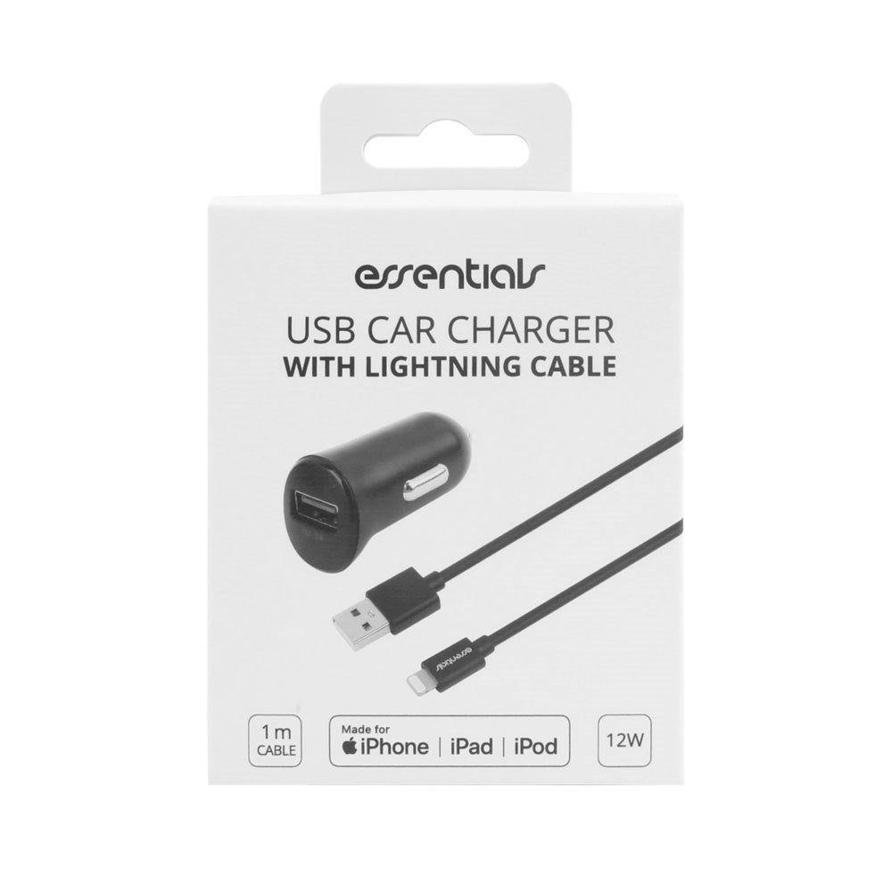 Essentials 12W Billaddare m. USB-A till Lightning Kabel - 1m - Svart