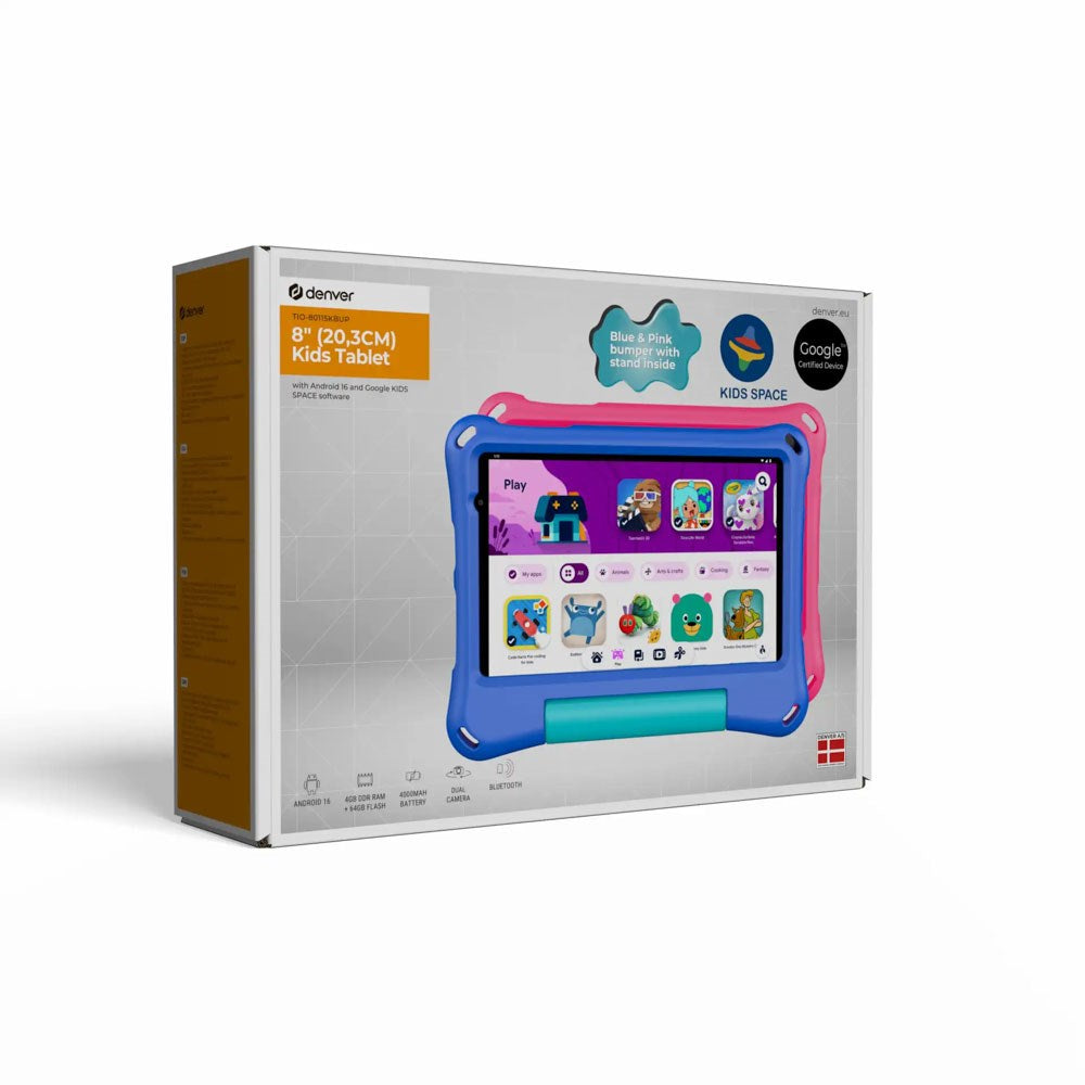 Denver TIO-80115KBUP Barnens Surfplatta 8" med Android 16 - inkl. 2 x Barnfodral - 4 RAM & 64 GB - 4000 mAh - Grå / Rosa / Blå