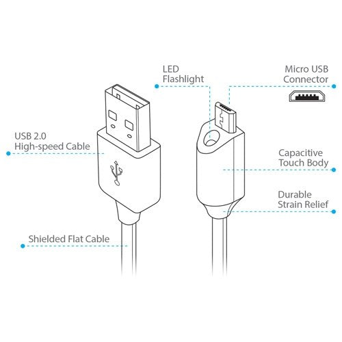 NazTech Micro-USB-kabel med Lampa - Svart