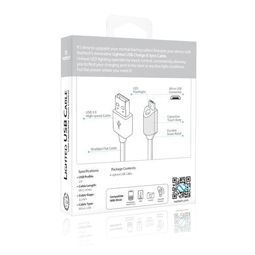 NazTech Micro-USB-kabel med Lampa 1,8 m - Vit